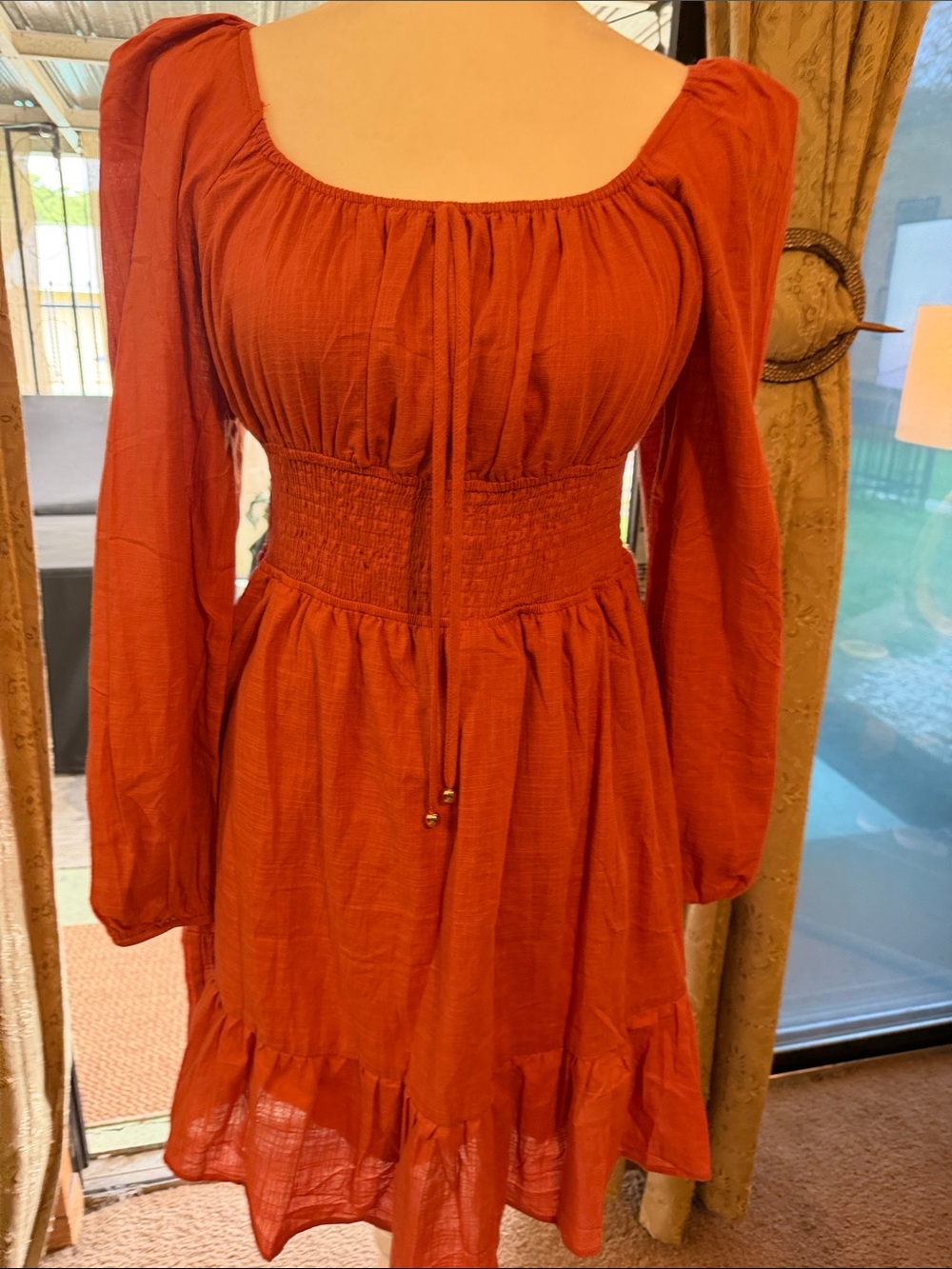 Smocked Waist Long-Sleeve Mini Dress in Rust